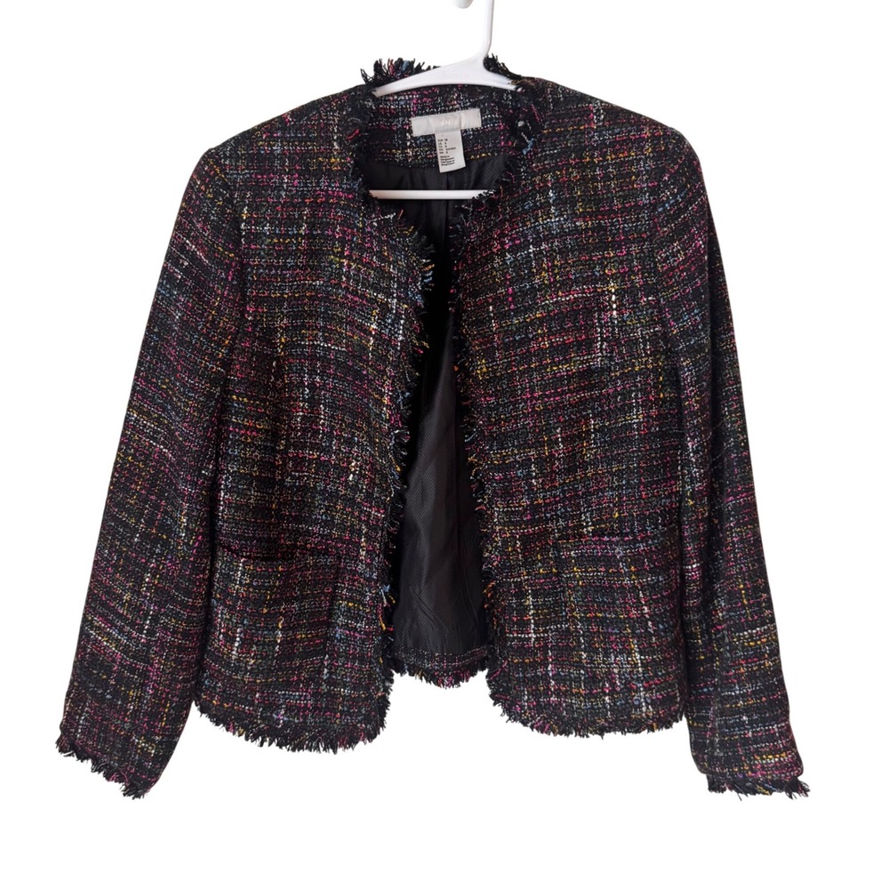 HM Black Multi Color Tweed Open Front Fringe Trim Blazer Jacket Womens Size 8